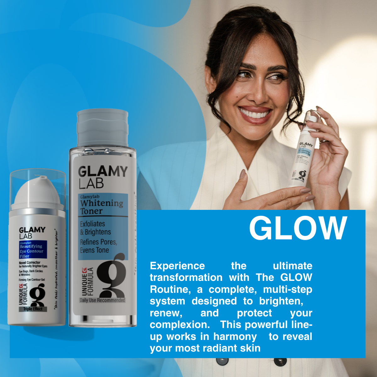 Woman holding skincare products with 'Glamy Lab'