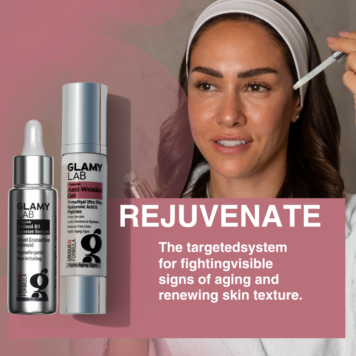 Glamy Lab skincare products with a woman applying serum and text 'Rejuvenate.'