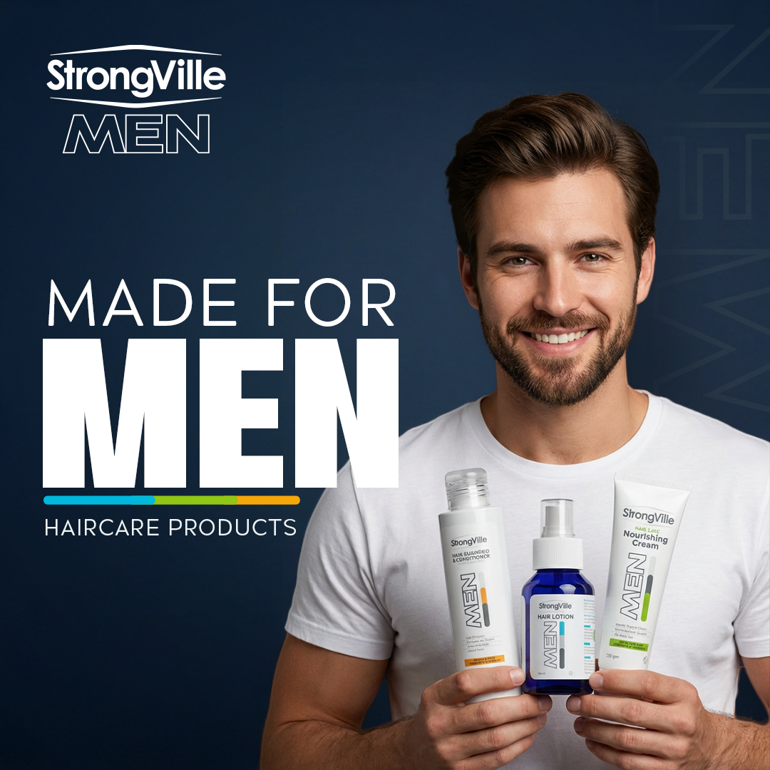 Man holding StrongVille MEN haircare products 