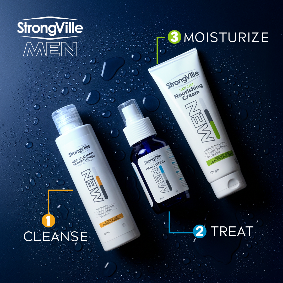StrongVille Men's skincare products  with 'Cleanse', 'Treat', and 'Moisturize' steps.